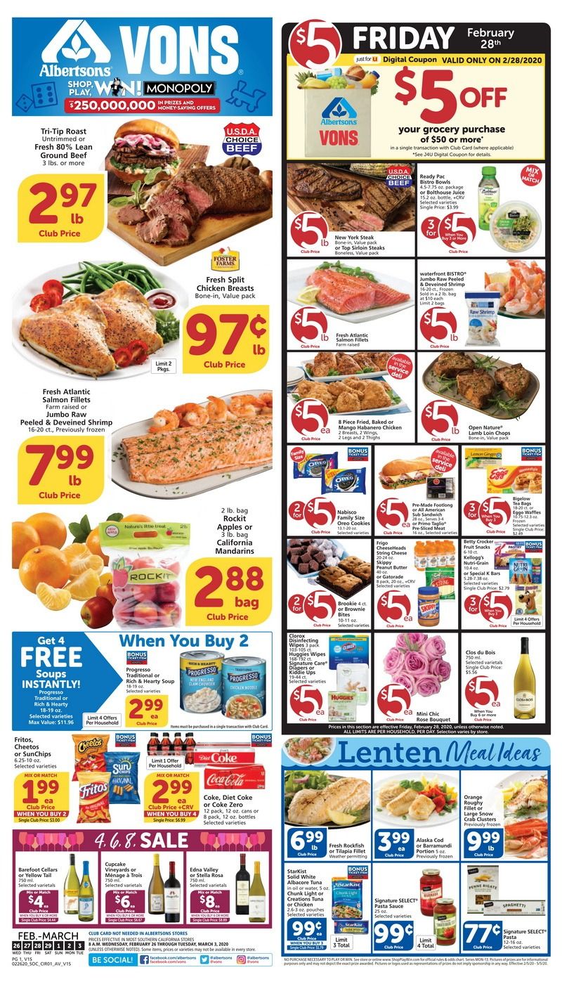 Vons Weekly Ad Feb 26 – Mar 03, 2020