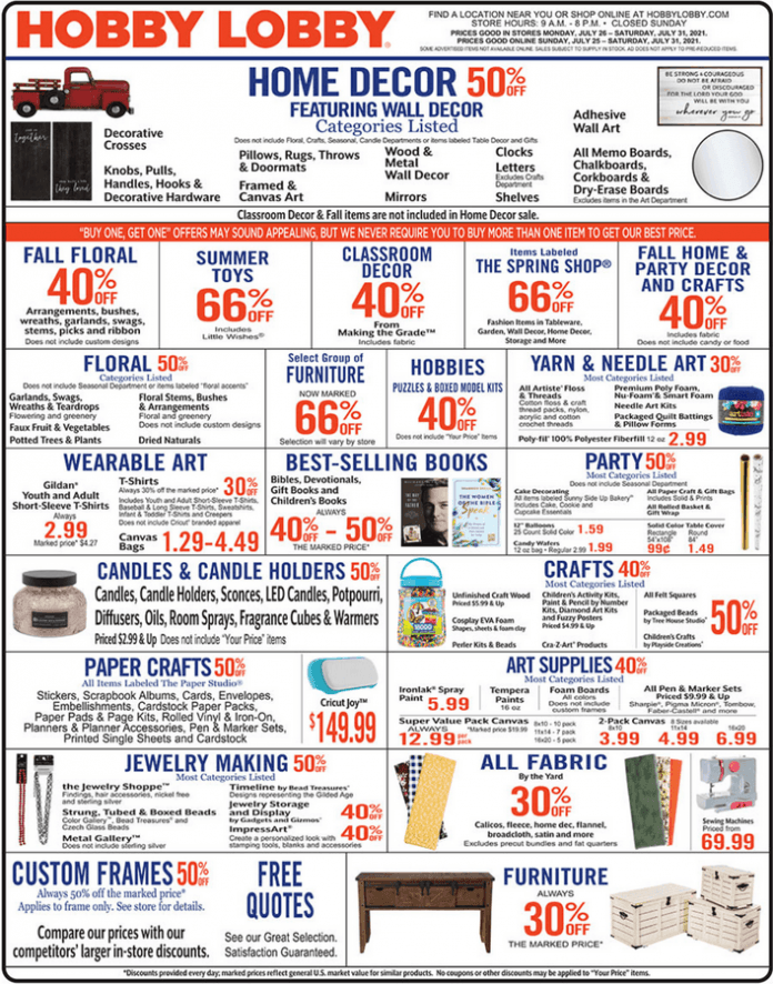 Hobby Lobby Weekly Ad July 25 July 31, 2021
