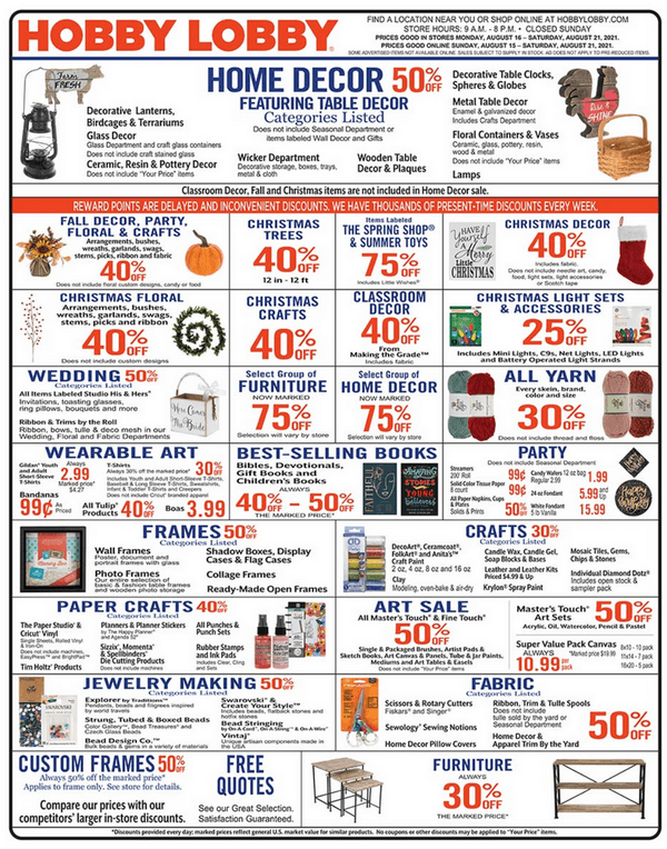 Hobby Lobby Weekly Ad Aug 15 Aug 21, 2021