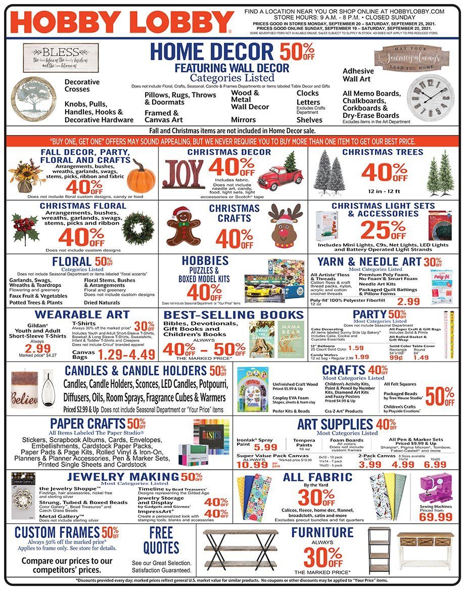 Hobby Lobby Weekly Ad Sep 19 – Sep 25, 2021