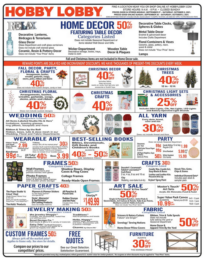 Hobby Lobby Weekly Ad Sep 26 – Oct 02, 2021