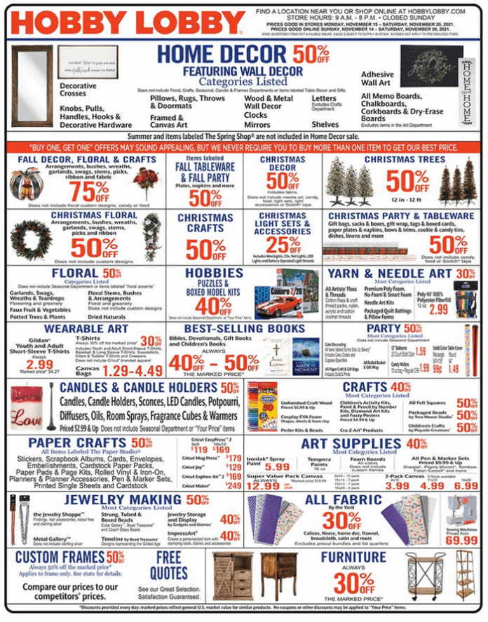 Hobby Lobby Weekly Ad Nov 14 Nov 20, 2021