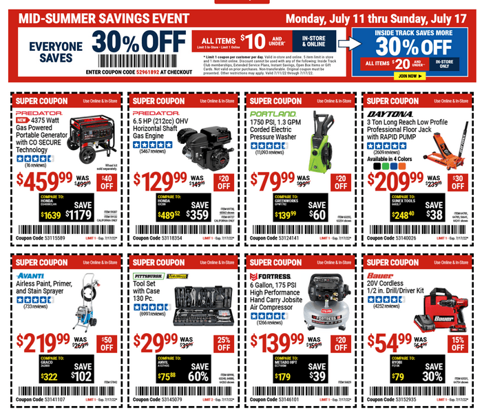 Harbor Freight Coupon Ad Jul 11 Jul 17, 2022