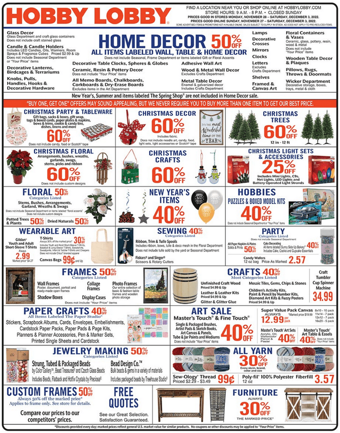 Hobby Lobby Weekly Ad Nov 27 Dec 03, 2022