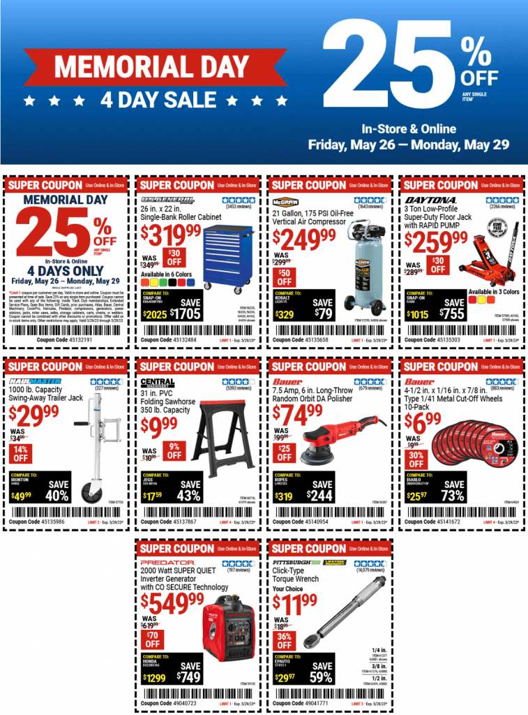 Harbor Freight Memorial Day Coupon Ad May 26 May 29, 2023