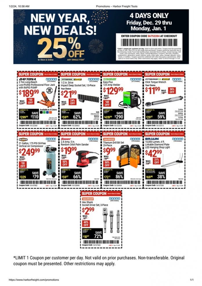 Harbor Freight New Year Coupon Sale Dec 29, 2023 Jan 01, 2024