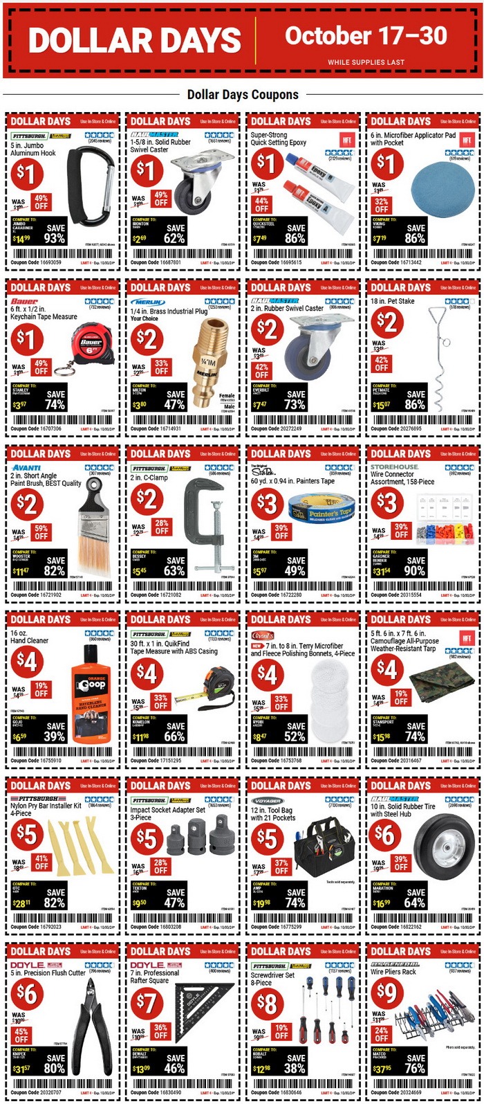 Harbor Freight Dollar Days Coupon Sale Oct 17 Oct 30, 2024