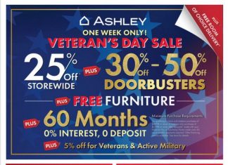 Ashley Furniture HomeStore Veteran’s Sale Nov 04 – Nov 10, 2025