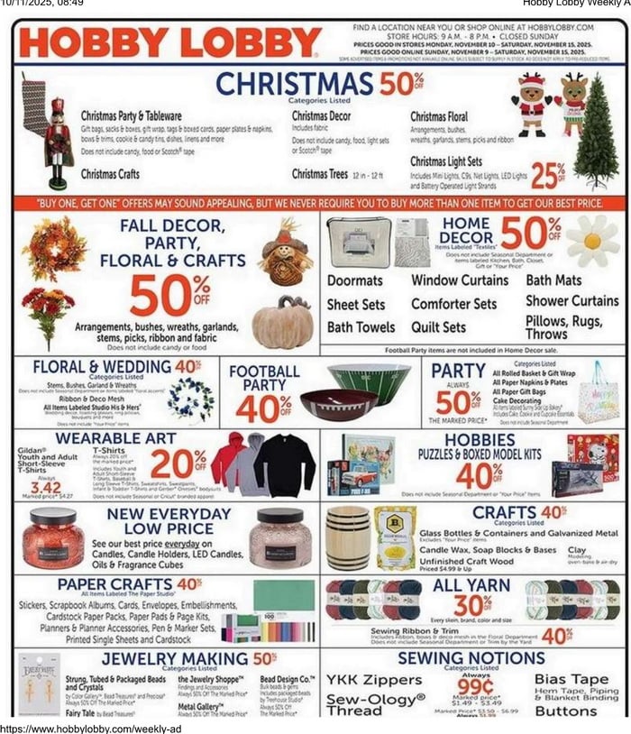 Hobby Lobby Weekly Ad Nov 09 Nov 15, 2025