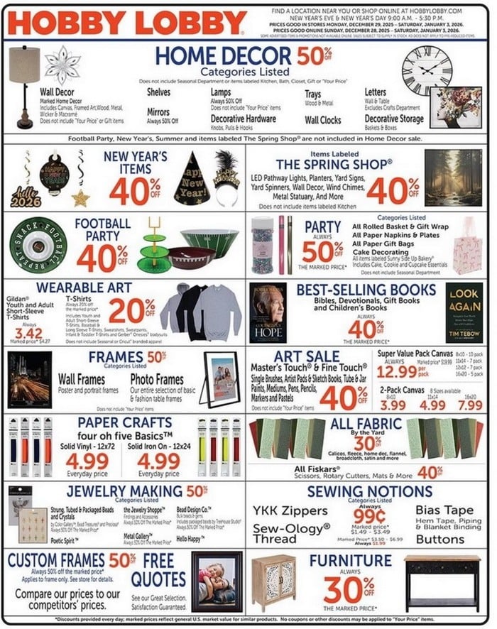 Hobby Lobby Weekly Ad Dec 28, 2025 Jan 03, 2026 (New Year Promotion